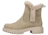 A side view of a beige winter boot with faux fur trim. Voir les images du produit