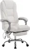 A white office chair with a footrest and massage function is shown against a white background.