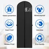 A black garment bag with surrounding icons and text indicating its features. Produktbild-Vorschau