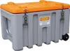 A gray and orange storage box with wheels. Produktbild-Vorschau