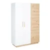 A white and wood-grain wardrobe with two white doors and one wood-grain door, set against a white background. Produktbild-Vorschau