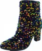 A single black ankle boot covered in colorful sequins is shown against a white background. Produktbild-Vorschau
