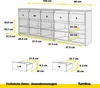 Diagram showing the internal dimensions of a cabinet with drawers and shelves. Voir les images du produit