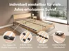 A wooden bed frame with a slatted base, shown in a bedroom setting with large windows. Insets highlight specific features of the slatted base. Produktbild-Vorschau