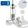 A close-up view of a chrome-plated brass fitting, likely a water valve or connector, with a blue informational overlay in the top left corner and a brand logo in the top right. Produktbild-Vorschau