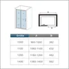 A diagram and table showing the dimensions of a shower enclosure. Produktbild-Vorschau