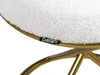 A close-up shot of a white bouclé upholstered stool with a gold metal base, showing a brand tag. Produktbild-Vorschau