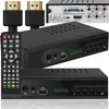A product shot of a DVB-T2 receiver set, including the receiver, remote control, and HDMI cables, against a white background. Produktbild-Vorschau
