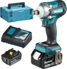 A collection of Makita power tools and accessories, including an impact wrench, battery, charger, and storage case, arranged on a white background. Produktbild-Vorschau
