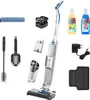 A collection of cleaning supplies and accessories, including a cordless wet-dry vacuum cleaner, cleaning solutions, and various attachments, arranged on a white background. Produktbild-Vorschau