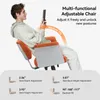 A man is sitting in an orange and gray office chair, holding a tablet. The image includes text and diagrams highlighting the chair's features. Produktbild-Vorschau