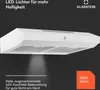 A white range hood is shown against a black background, with text and branding on the image. Podgląd zdjęcia produktu
