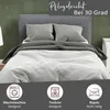 A bed with grey bedding and pillows, with marketing text and icons at the bottom. Náhled obrázku produktu