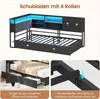 A bed frame with integrated storage and LED lighting, shown from a diagonal angle, with close-up views of drawers and frame construction. Voir les images du produit