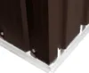 A close-up view of the corner of a brown metal shed, showing the base and corner joinery. Podgląd zdjęcia produktu