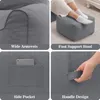 A collage of four images showcasing different features of a gray beanbag chair and footstool. Náhľad obrázku produktu