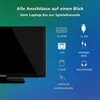 A television screen is shown on the left, with icons and text describing various ports and connections on the right. The background is a gradient of green to blue. Produktbild-Vorschau