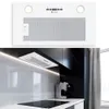 A white under-cabinet range hood shown both as a standalone product and installed in a modern kitchen. Produktbild-Vorschau