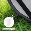 A close-up view of a camping pet tent stake being inserted into the grass, with a circular graphic showing multiple stakes and text at the bottom. Produktbild-Vorschau