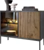 A modern sideboard with glass doors and wooden slatted doors, displayed on a white background. Anteprima dell’immagine prodotto