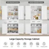 A split image showing two configurations of a white storage cabinet, one with adjustable shelves and one without, with icons representing various storage items below. Produktbild-Vorschau