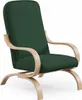A green upholstered armchair with light wood curved legs and armrests, presented against a white background.