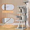A cat tree is shown next to a wall with inset images demonstrating how to secure it to the wall for stability. Produktbild-Vorschau