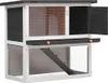 A two-tiered wooden rabbit hutch with a ramp and an open door. Náhľad obrázku produktu