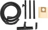 A collection of vacuum cleaner accessories and a dust bag are laid out on a white background. Produktbild-Vorschau