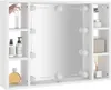 A white bathroom cabinet with a mirror and LED lights is shown with various toiletries and decorative items on its shelves. Náhľad obrázku produktu