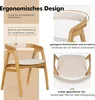 A marketing image showcasing a wooden chair with fabric upholstery, highlighting its ergonomic design and comfort features through text overlays and close-up shots. Produktbild-Vorschau