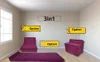 A room with a window and a wall displaying text and three different configurations of a purple foldable mattress/chair. Podgląd zdjęcia produktu