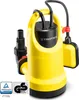A yellow and black submersible pump with a float switch and a hose adapter, shown against a white background. Certification logos are visible in the bottom left corner. Produktbild-Vorschau