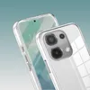 Close-up view of two transparent phone cases, one showing the front of a phone with a time display, and the other showing the rear camera module. Produktbild-Vorschau