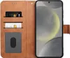 A brown wallet-style phone case is open, showing the inside compartments and a smartphone placed within. Anteprima dell’immagine prodotto