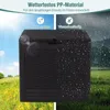 A black storage box with a rattan-like texture is shown outdoors, split between a sunny day and a rainy day to highlight its weather resistance. Voir les images du produit