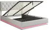 A white upholstered bed frame with the mattress support mechanism open, revealing storage space underneath. The bed has a tufted headboard and LED lighting around the base. Produktbild-Vorschau