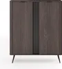 A front view of a dark brown wooden cabinet with a black ribbed vertical accent. Produktbild-Vorschau