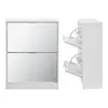 A white shoe cabinet with two mirrored doors is shown from the front, and a side view of the cabinet with its drawers open is shown to the right. Náhľad obrázku produktu