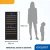 A graphic displaying a wine cooler with a person and a child for scale, along with its dimensions and branding. Produktbild-Vorschau