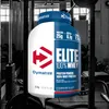 A large tub of Dymatize Elite 100% Whey protein powder is shown in front of a gym background. Produktbild-Vorschau