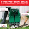A green garden cart with a black handle is shown outdoors, with gardening tools and boots in the background. Produktbild-Vorschau