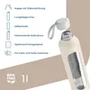 A glass water bottle with a silicone sleeve and its cap, shown next to a list of its features. Voir les images du produit