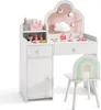 A white children's vanity table and chair set with a cloud-shaped mirror and rainbow accents. Voir les images du produit