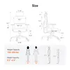 Diagrams showing the dimensions and size recommendations for an ergonomic office chair, along with illustrations of people representing weight and height capacities. Náhled obrázku produktu
