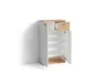 A white and wood shoe cabinet with its doors open, displaying shelves and a drawer. Produktbild-Vorschau