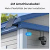 A solar panel is mounted on the side of a building, connected to a security camera. The image highlights the flexibility of installation due to the cable length. Produktbild-Vorschau