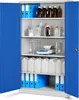 An open metal storage cabinet filled with laboratory supplies and binders. Voir les images du produit
