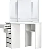 A white corner dressing table with a tri-fold mirror and multiple drawers and shelves. Produktbild-Vorschau