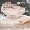 A woman is relaxing on an inflatable bed with pillows, and text highlights product features. Produktbild-Vorschau